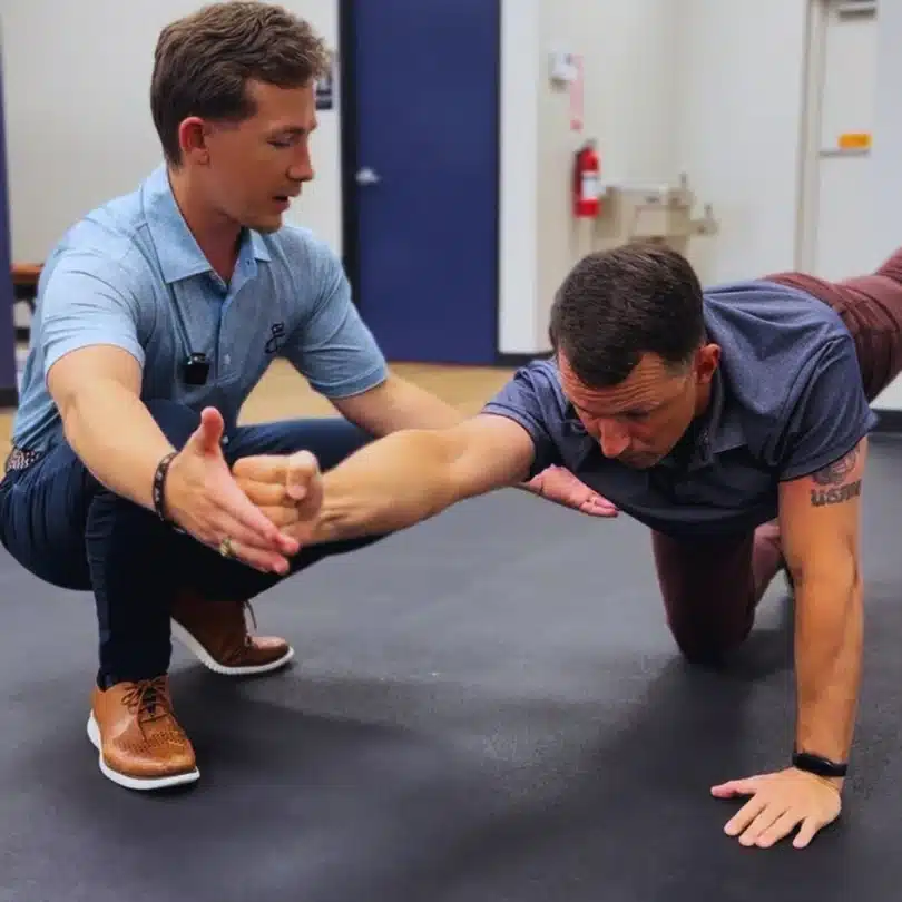 Chiropractor guiding patient through bird dog core stabilization exercise in Alliance TX.